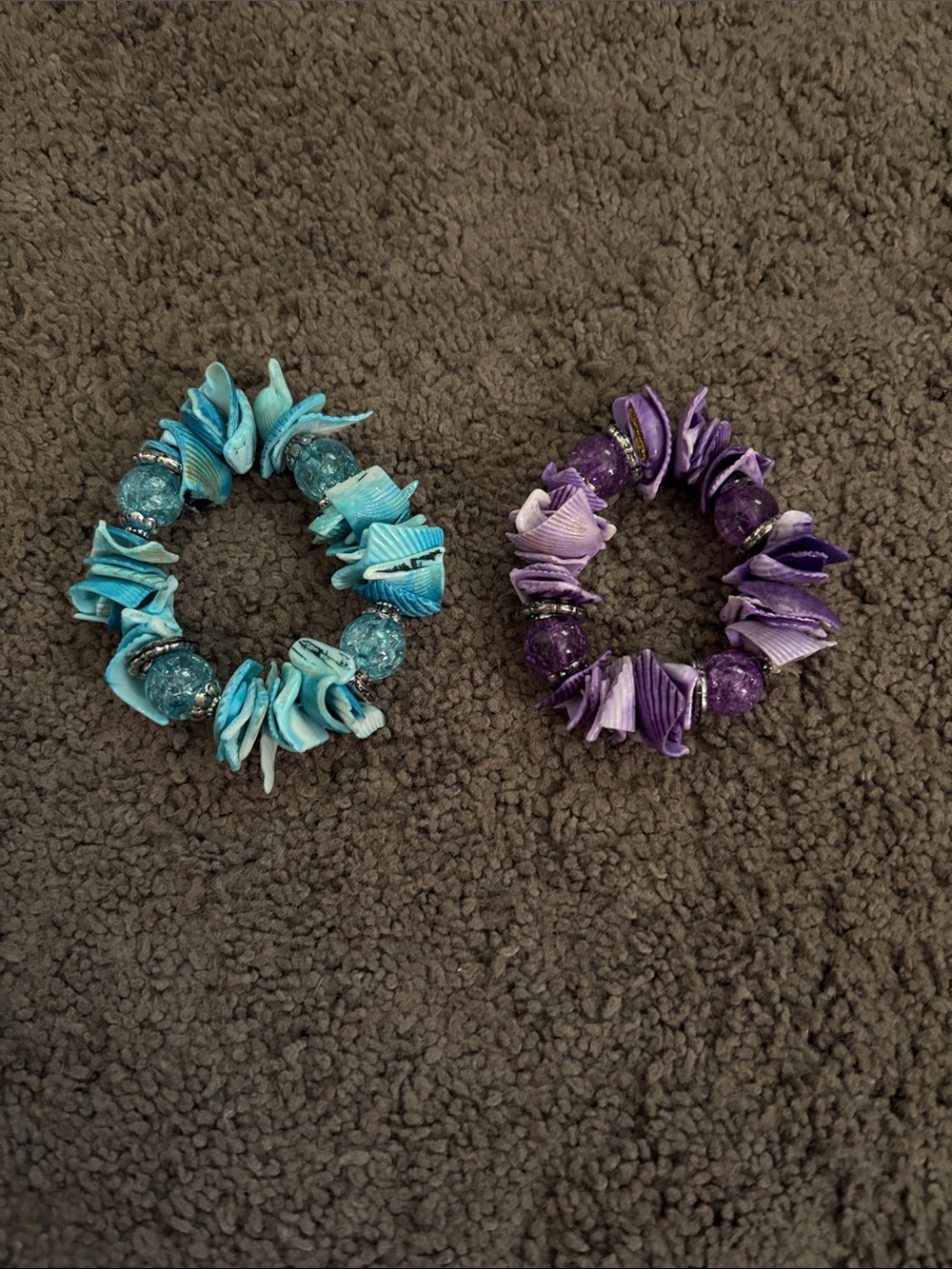 Set of Two Blue and Purple Stretchy Shell Bracelets